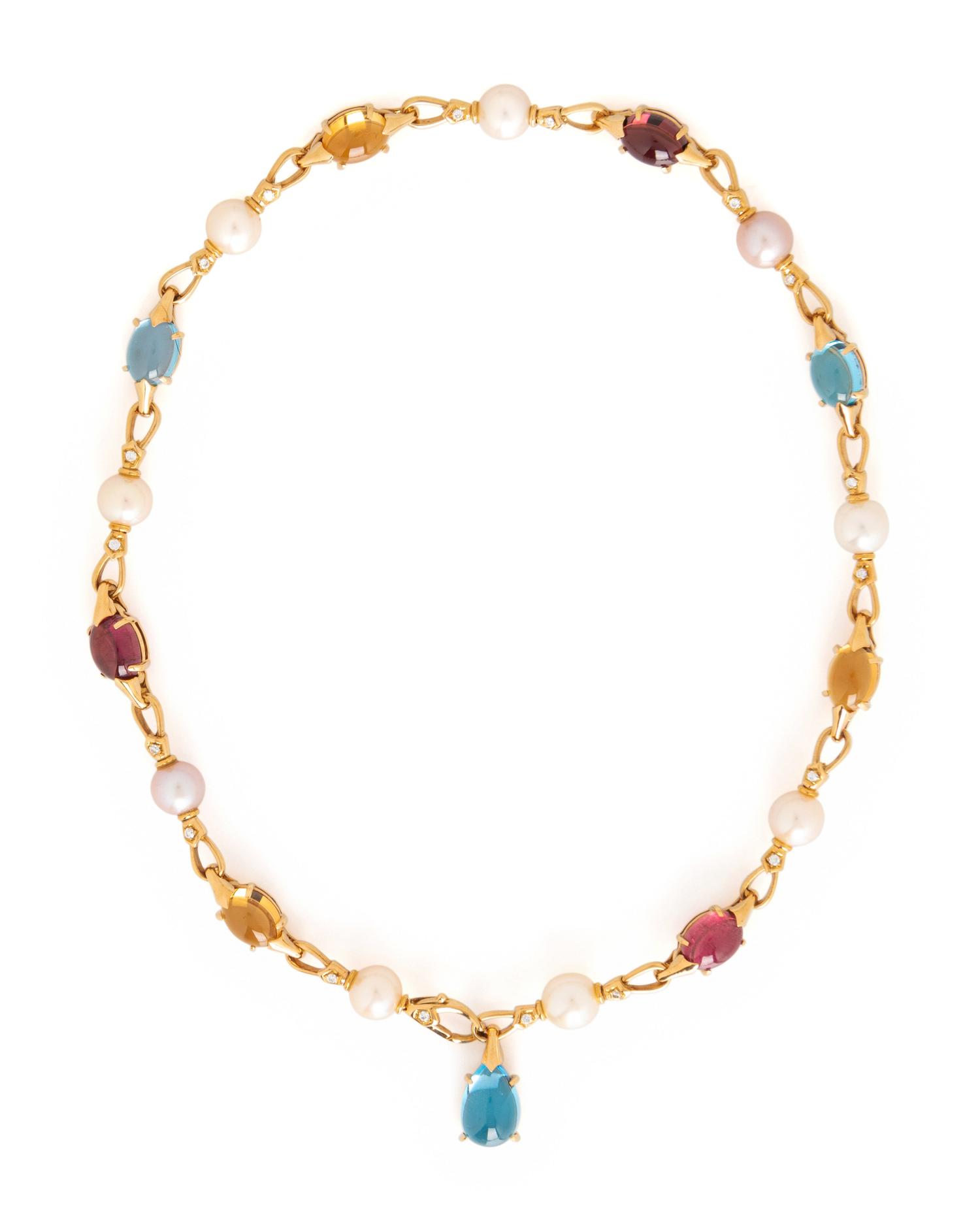 BULGARI, YELLOW GOLD, CULTURED PEARL, DIAMOND AND MULTIGEM NECKLACE
