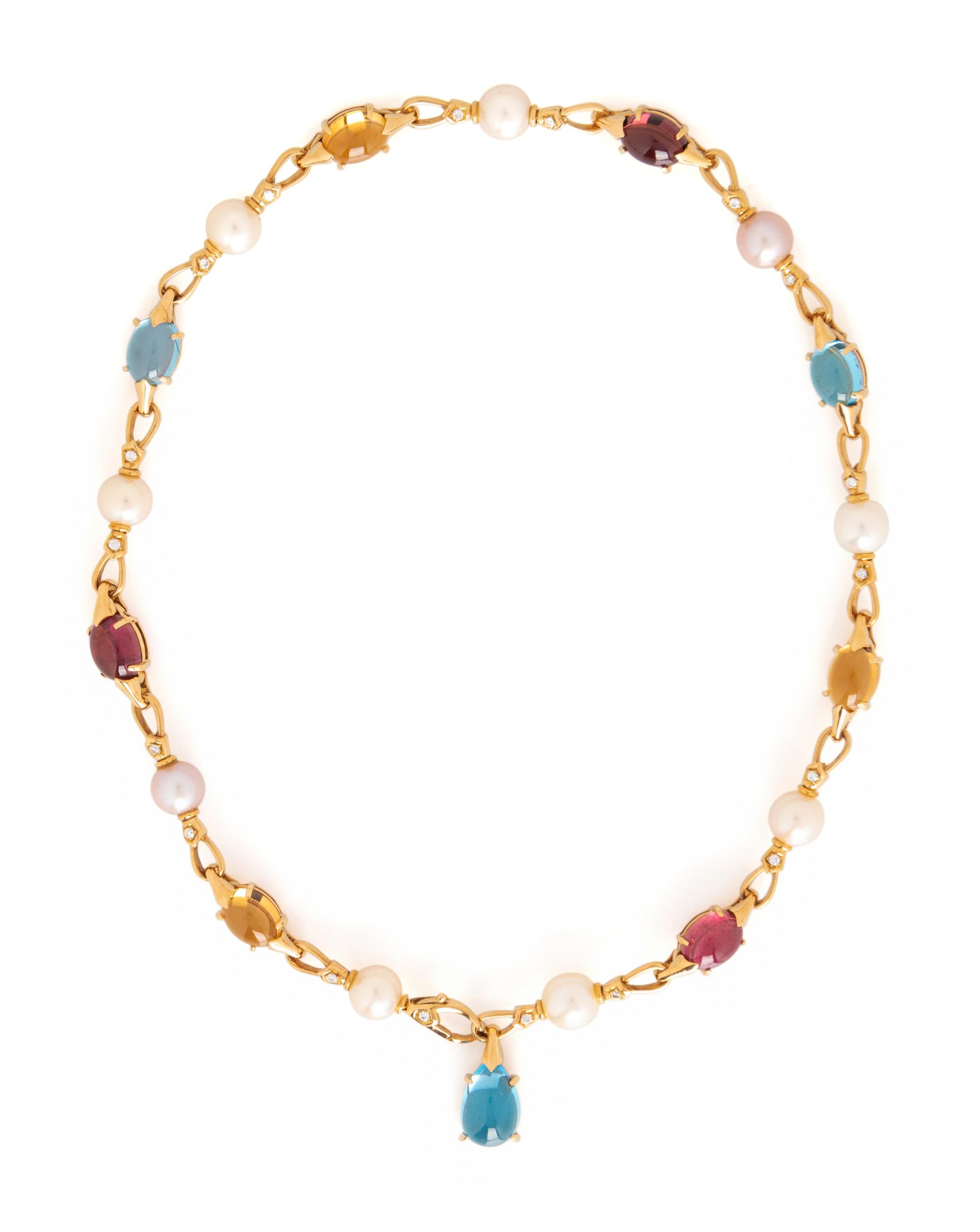 BULGARI, YELLOW GOLD, CULTURED PEARL, DIAMOND AND MULTIGEM NECKLACE