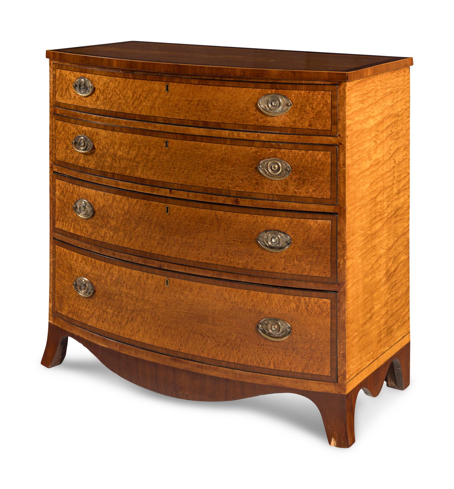 A George III Maple, Satinwood and Mahogany Bowfront Chest of Drawers