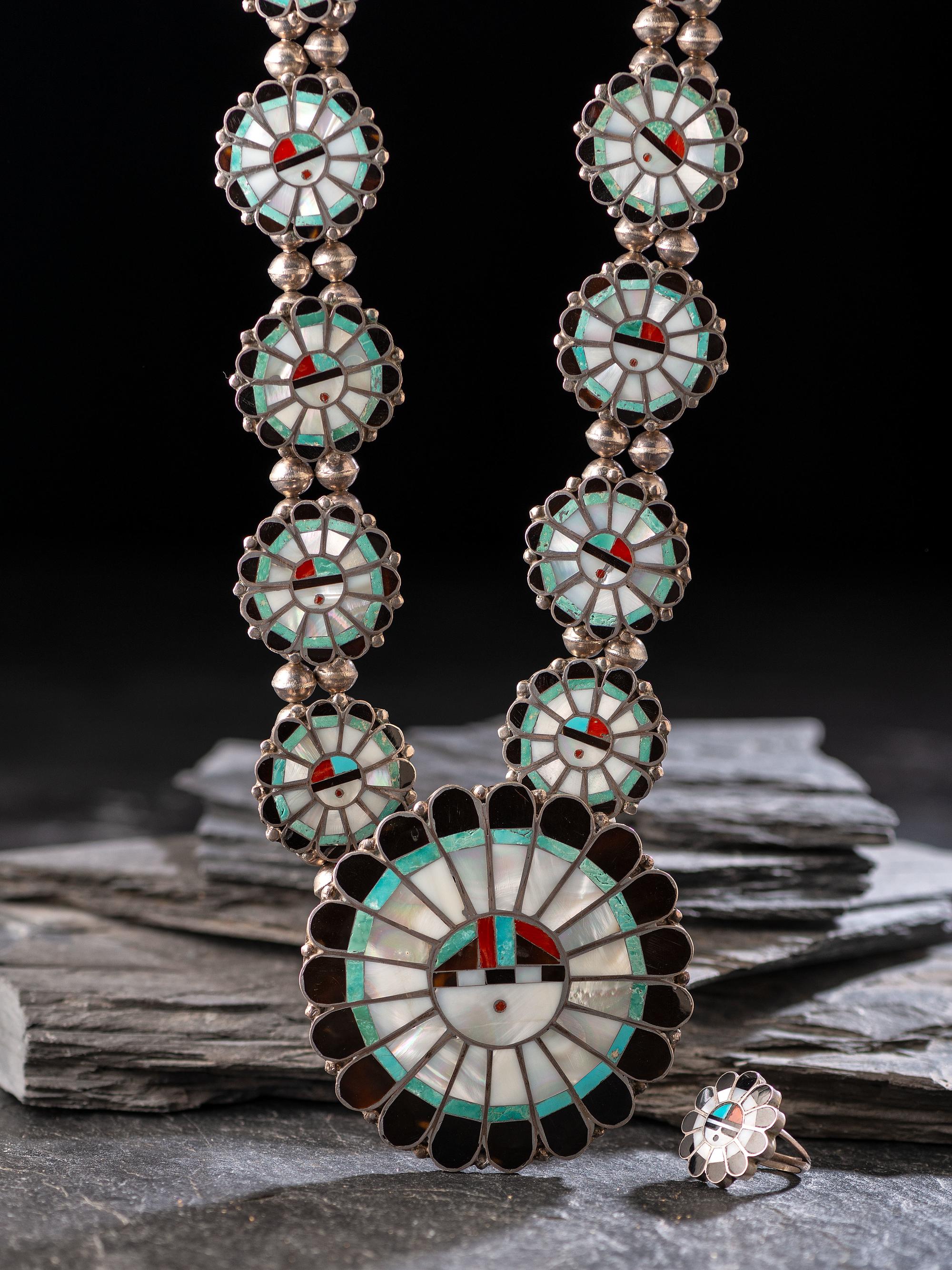 Zuni Mosaic Inlay Sunface Necklace and Ring