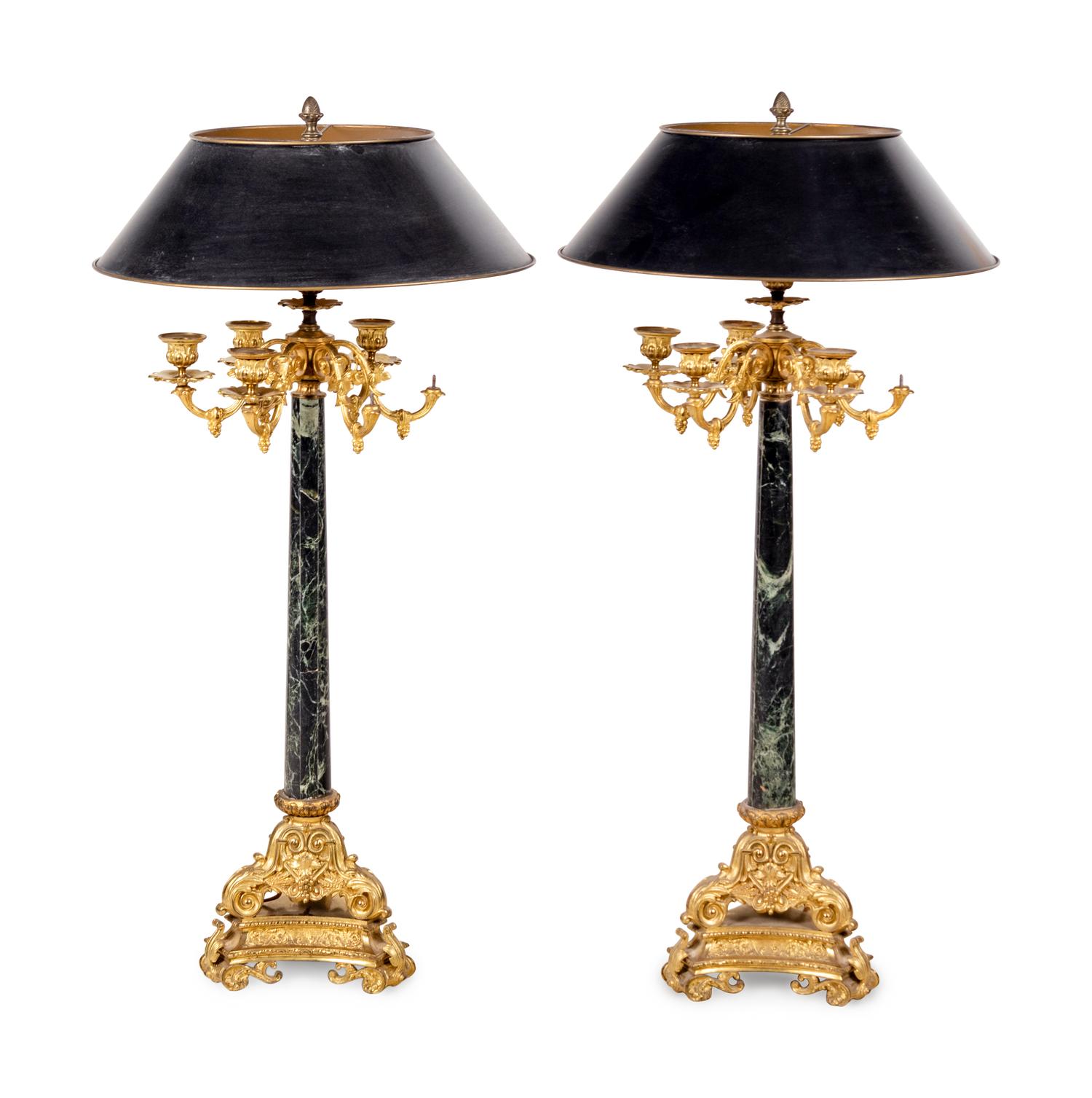 A Pair of Napoleon III Style Gilt Bronze and Marble Candelabra Mounted as Lamps