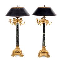 A Pair of Napoleon III Style Gilt Bronze and Marble Candelabra Mounted as Lamps