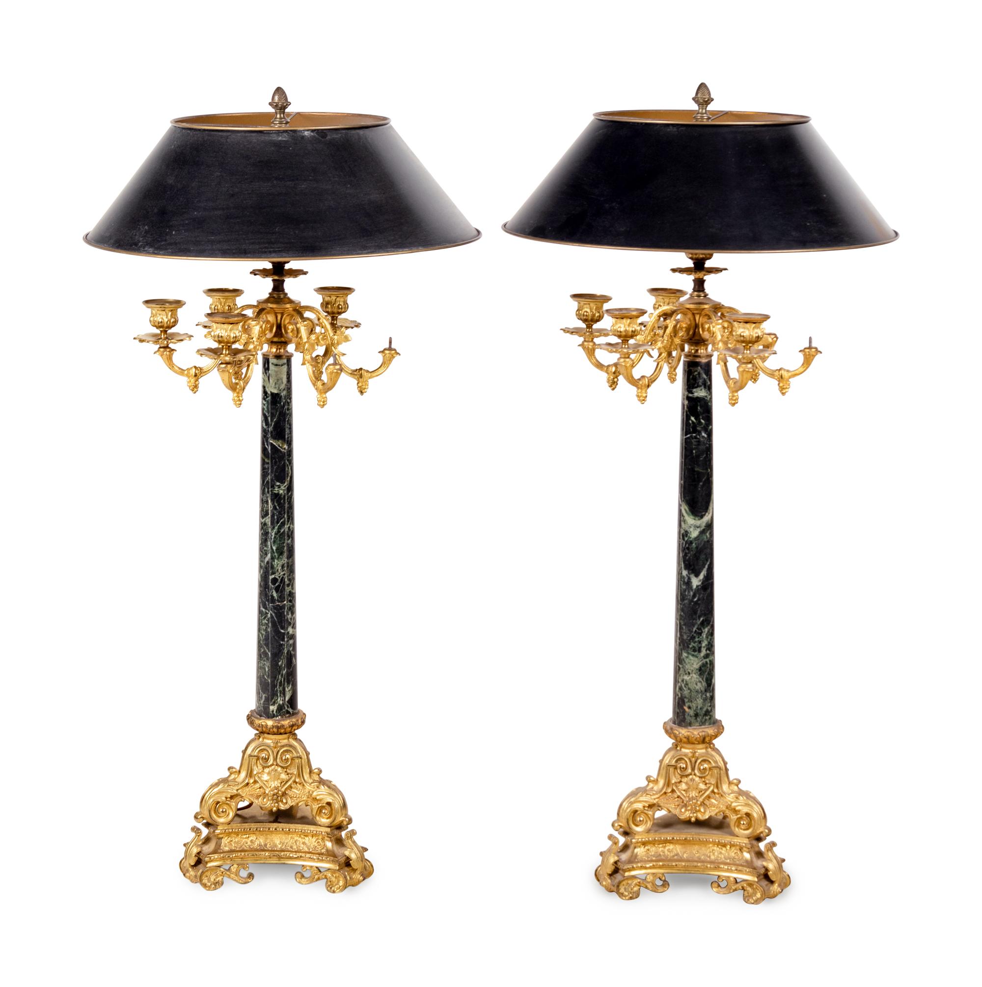 A Pair of Napoleon III Style Gilt Bronze and Marble Candelabra Mounted as Lamps