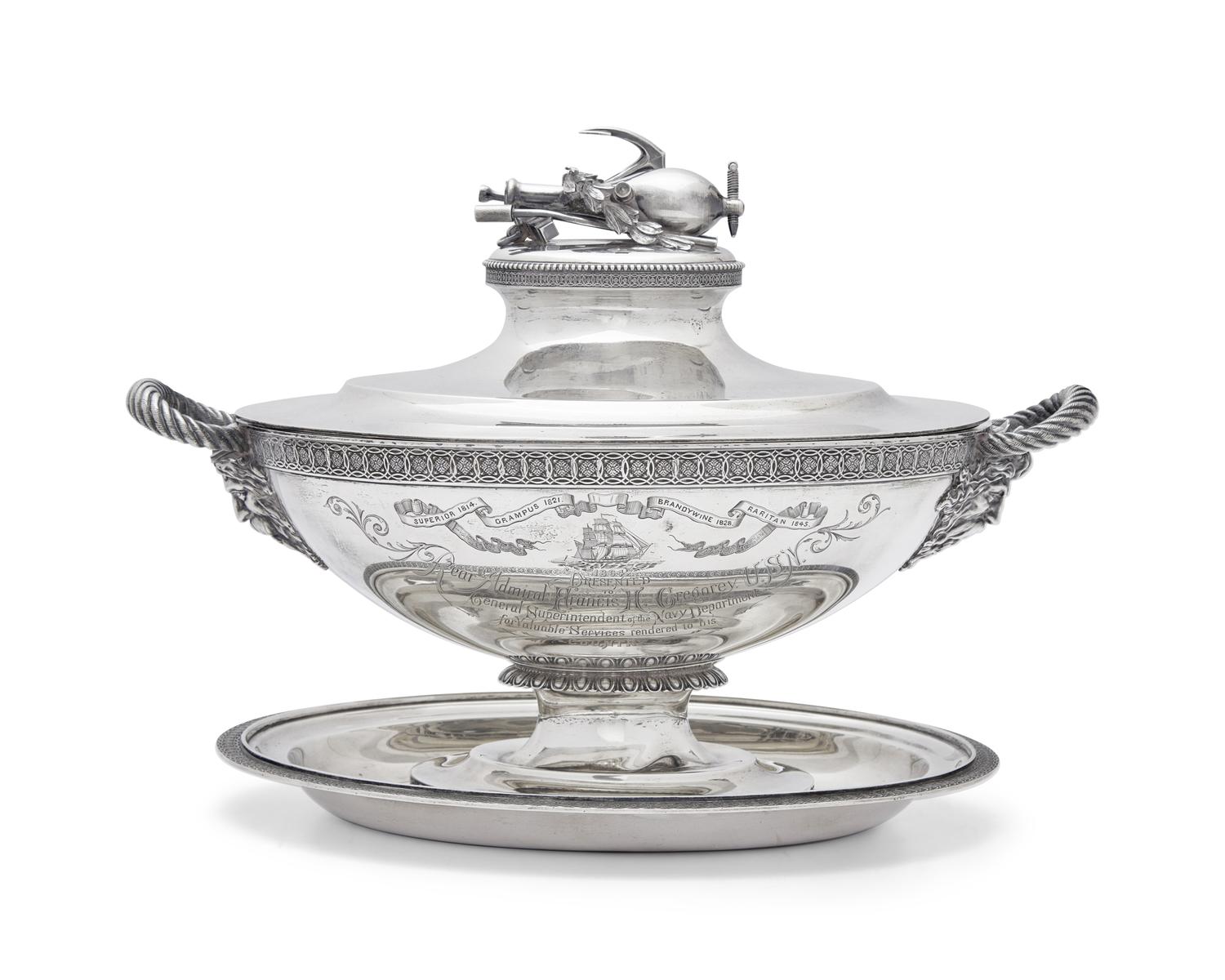 An Impressive Sterling Silver Presentation Tureen and Undertray Made for Admiral Francis H. Gregory (1789-1866)