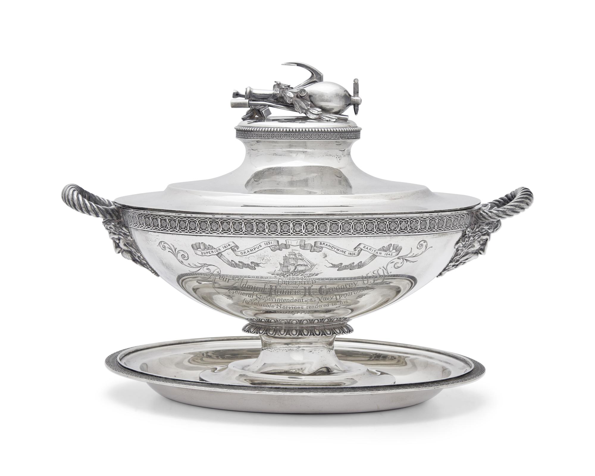 An Impressive Sterling Silver Presentation Tureen and Undertray Made for Admiral Francis H. Gregory (1789-1866)