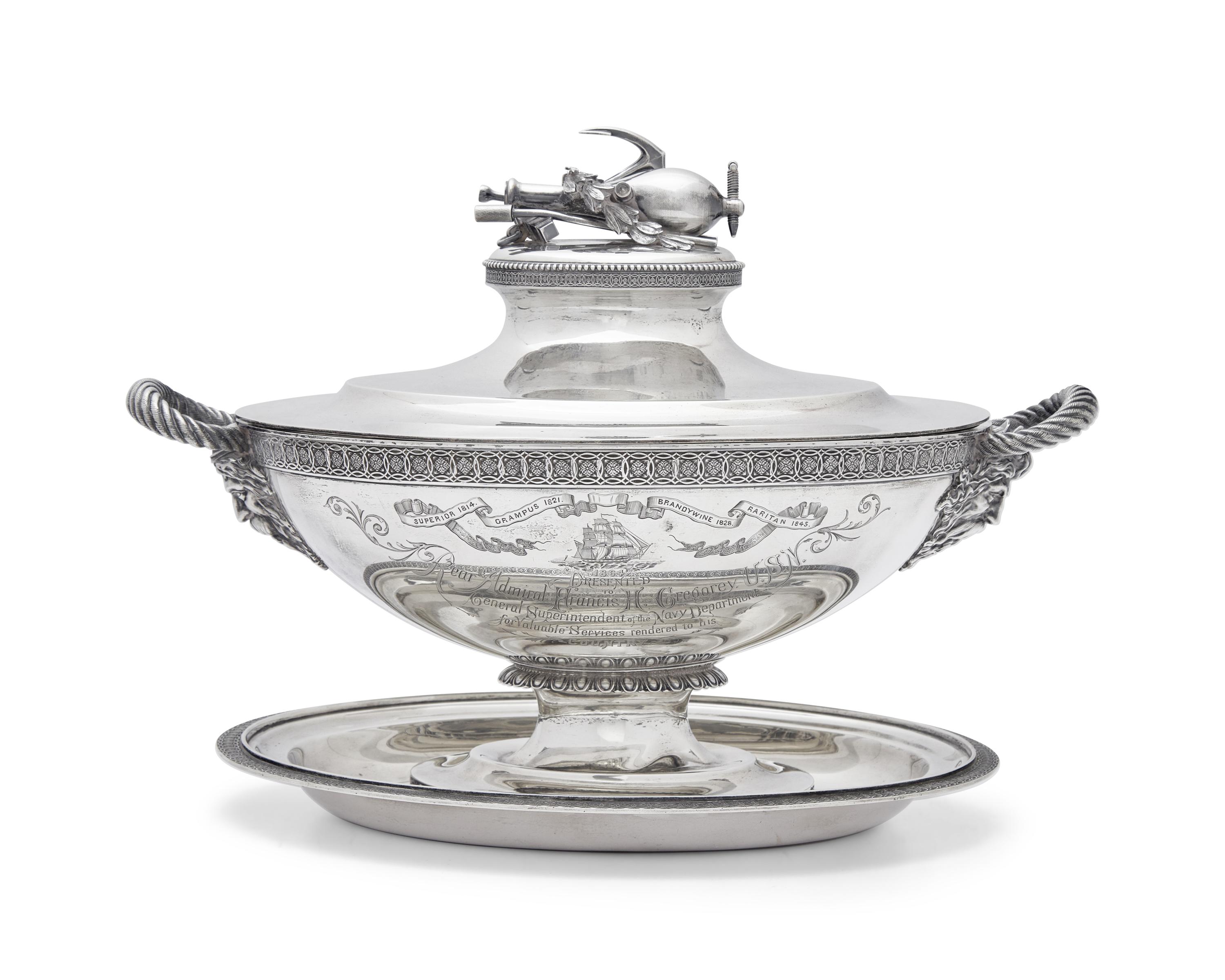 An Impressive Sterling Silver Presentation Tureen and Undertray Made for Admiral Francis H. Gregory (1789-1866)