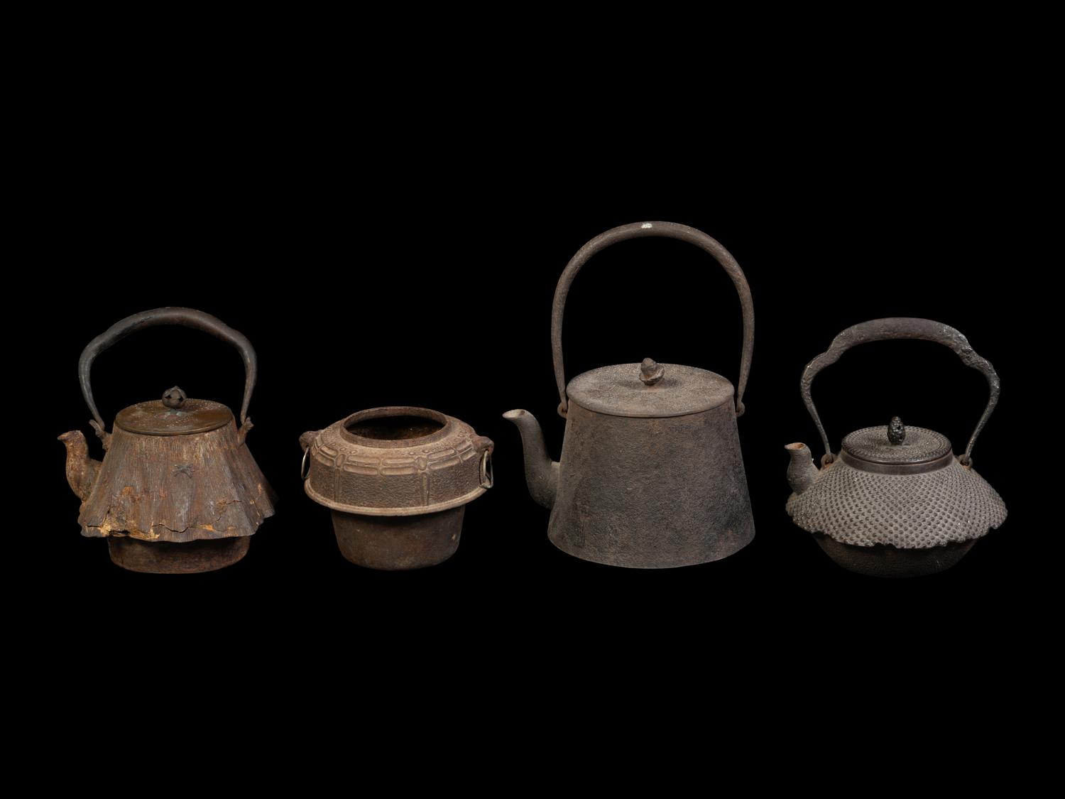 Three Japanese Cast Iron Teapots, Tetsubin and One Burner