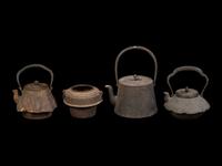 Three Japanese Cast Iron Teapots, Tetsubin and One Burner