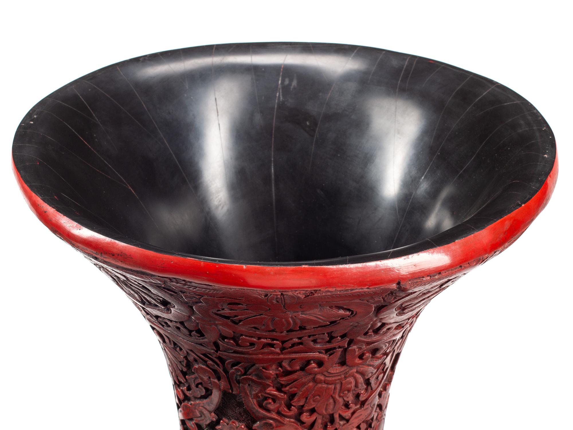 A Pair of Large Chinese Carved Red Lacquer Vases