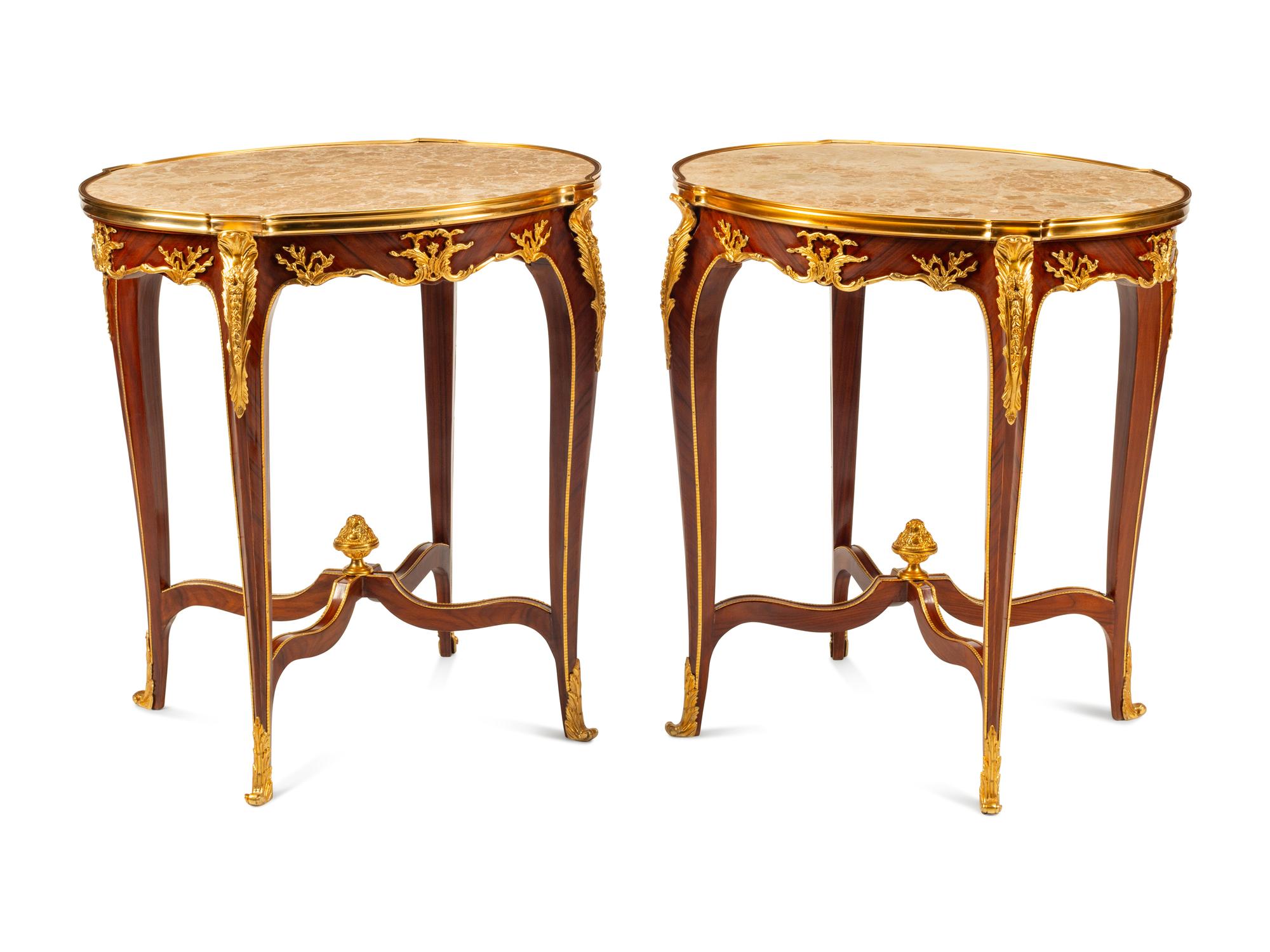 A Pair of Louis XV Style Gilt Bronze Mounted Marble-Top Side Tables