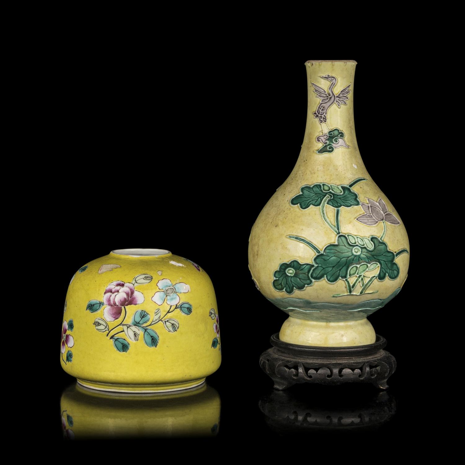 Two Chinese Yellow Ground Porcelain Vessels