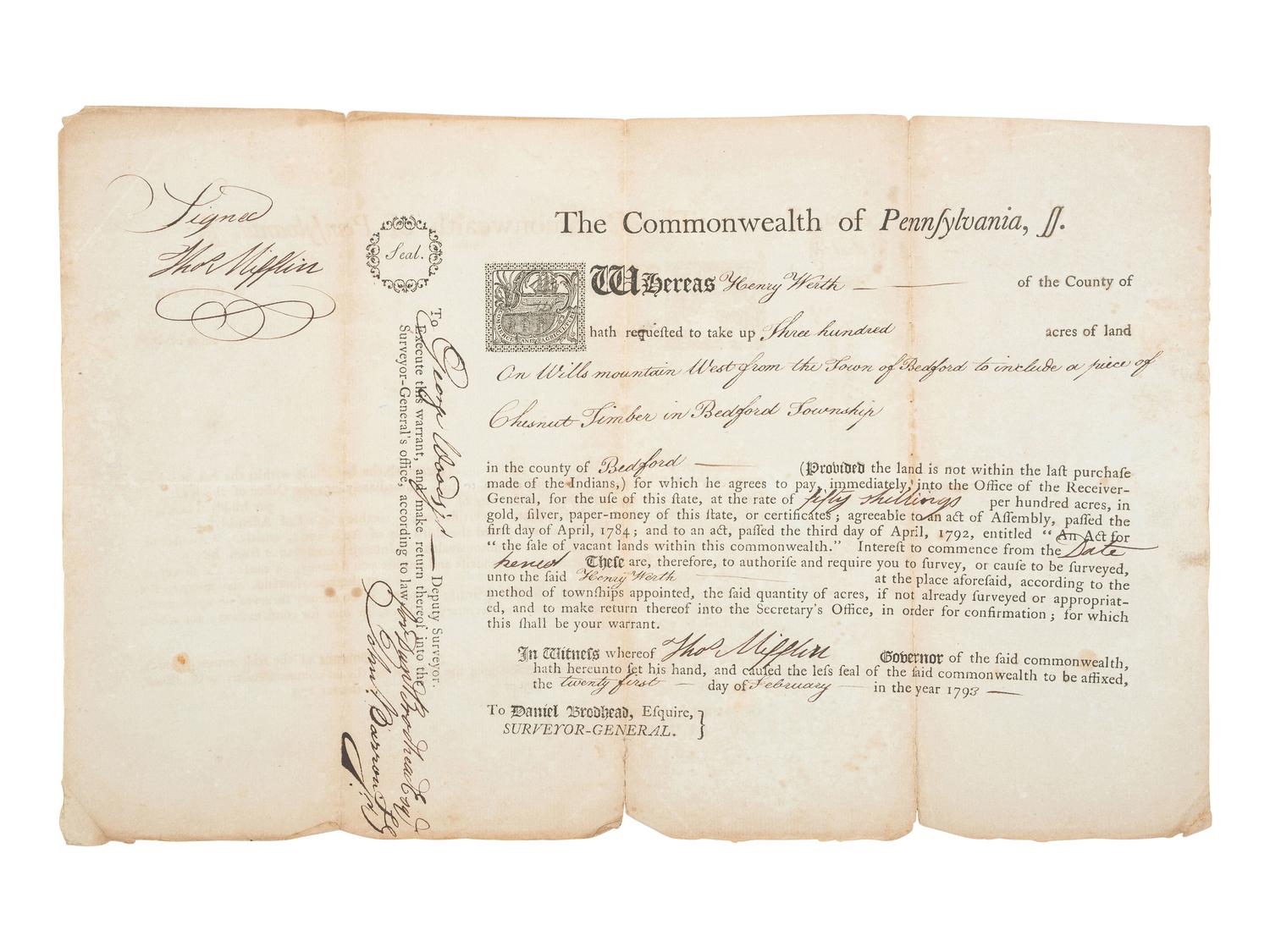 MIFFLIN, Thomas (1744-1800). Land grant signed ("Thos. Mifflin"), as Governor of Pennsylvania.