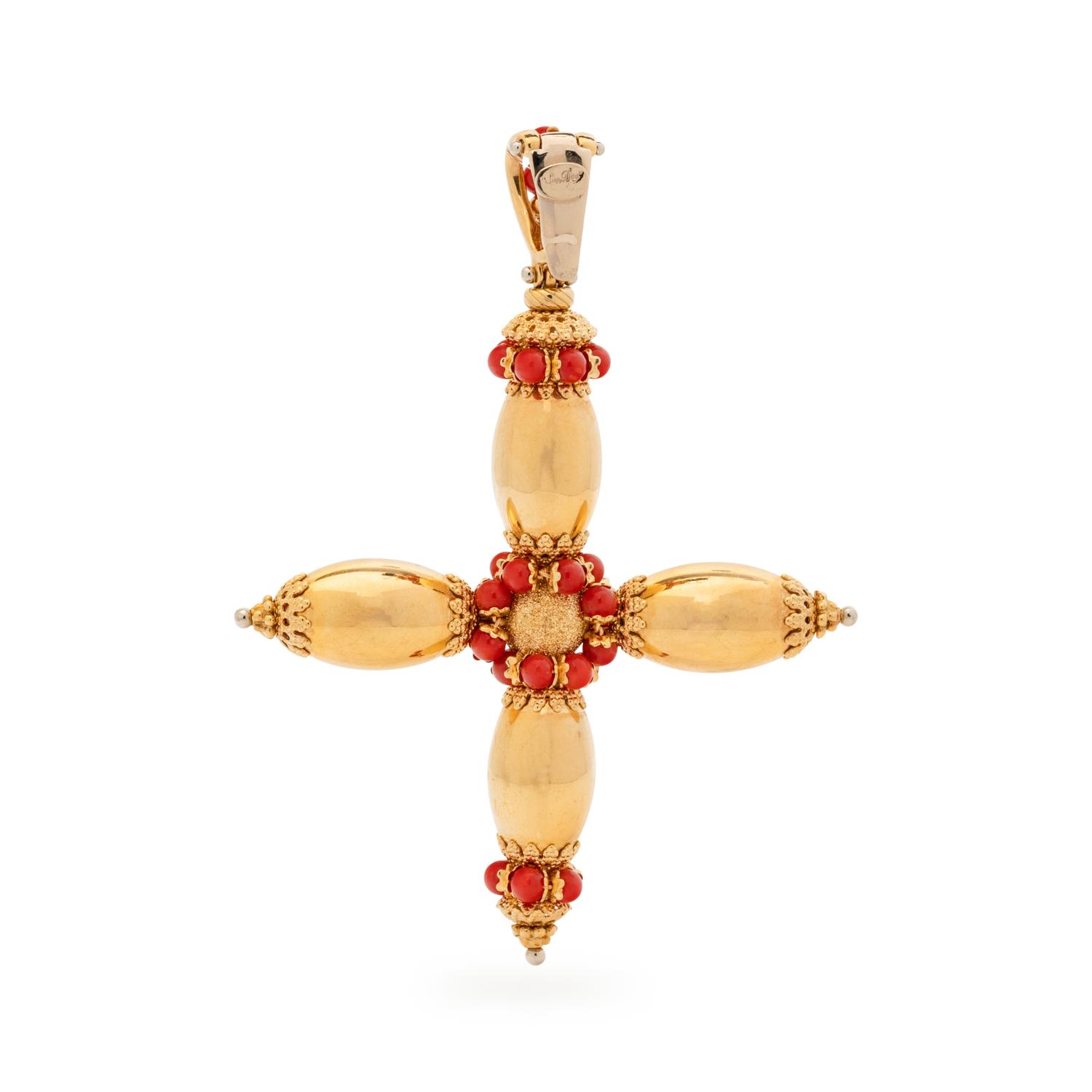 YELLOW GOLD AND CORAL CROSS PENDANT