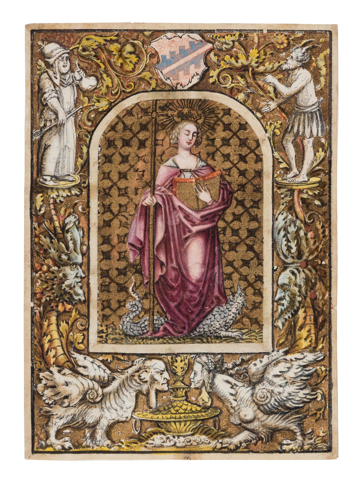 GERMAN ARTIST (Kleinmeister School?) Sixteenth-century woodcut on paper, with borders of grotesques, later heightened with nineteenth-century hand illumination depicting Saint Margaret [Germany? 16th and 19th century]