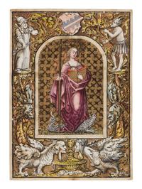 GERMAN ARTIST (Kleinmeister School?) Sixteenth-century woodcut on paper, with borders of grotesques, later heightened with nineteenth-century hand illumination depicting Saint Margaret [Germany? 16th and 19th century]