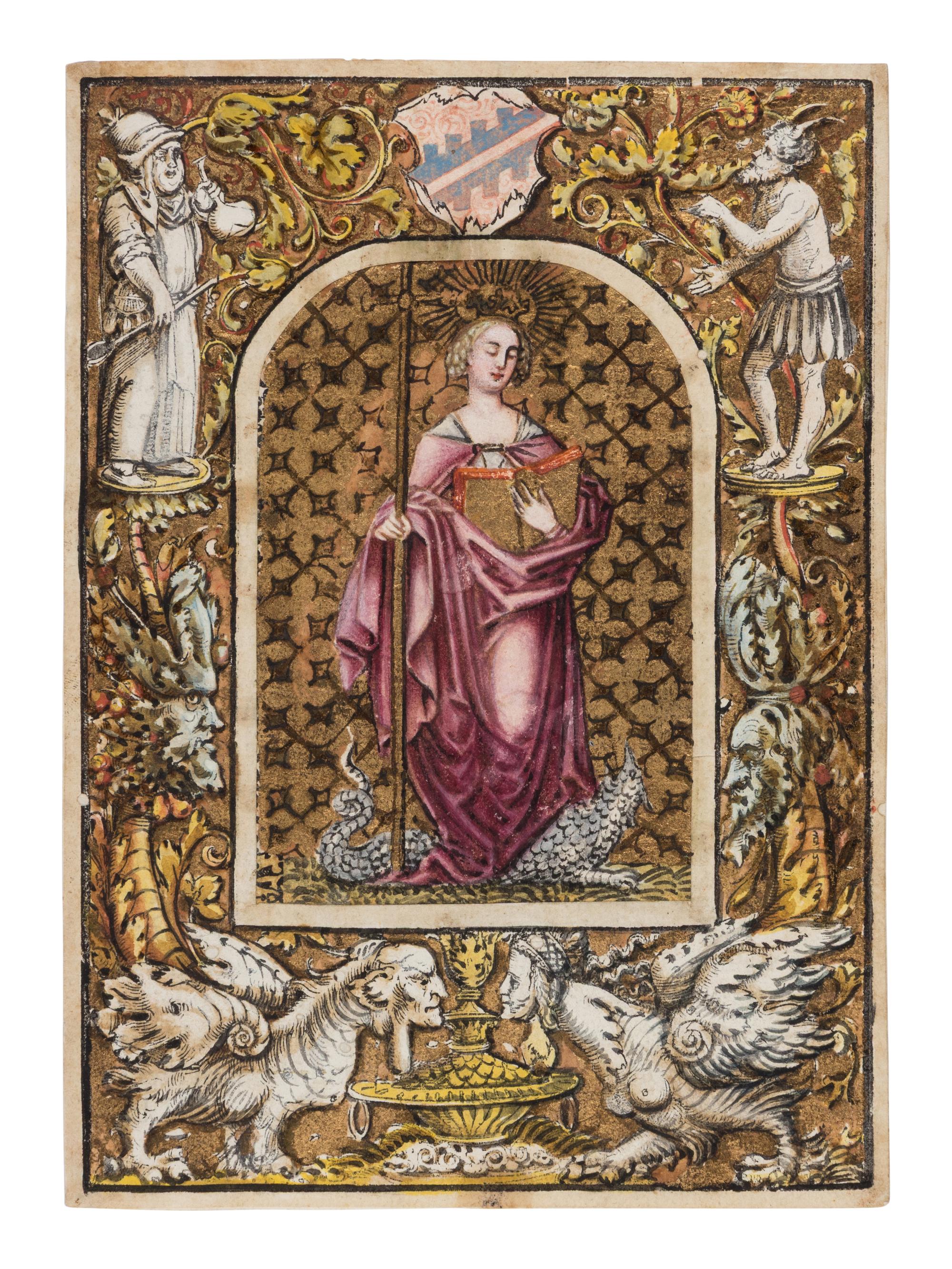 GERMAN ARTIST (Kleinmeister School?) Sixteenth-century woodcut on paper, with borders of grotesques, later heightened with nineteenth-century hand illumination depicting Saint Margaret [Germany? 16th and 19th century]