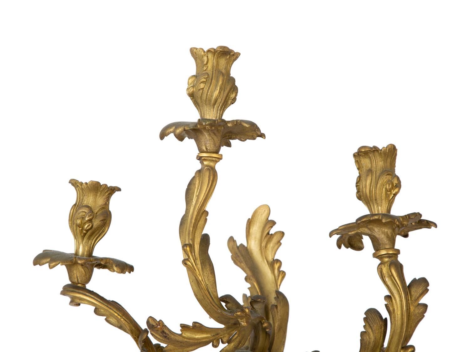 A Rococo Style Gilt Bronze Three-Light Wall Sconce and A Pair of Gilt Bronze Three-Light Candelabra — 19th Century