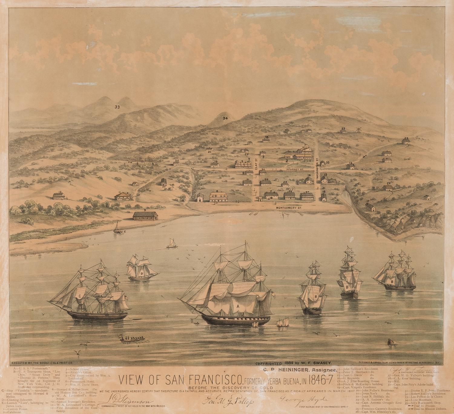 [SAN FRANCISCO]. SWASEY, William F., Captain. View of San Francisco, formerly Yerba Buena, in 1846-7. Before the Discovery of Gold . San Francisco: Bosqui Eng. & Print Co., 1884.