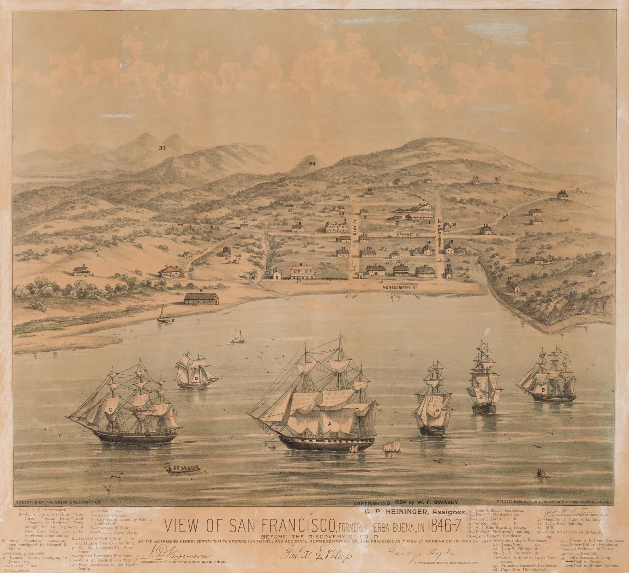 [SAN FRANCISCO]. SWASEY, William F., Captain. View of San Francisco, formerly Yerba Buena, in 1846-7. Before the Discovery of Gold . San Francisco: Bosqui Eng. & Print Co., 1884.