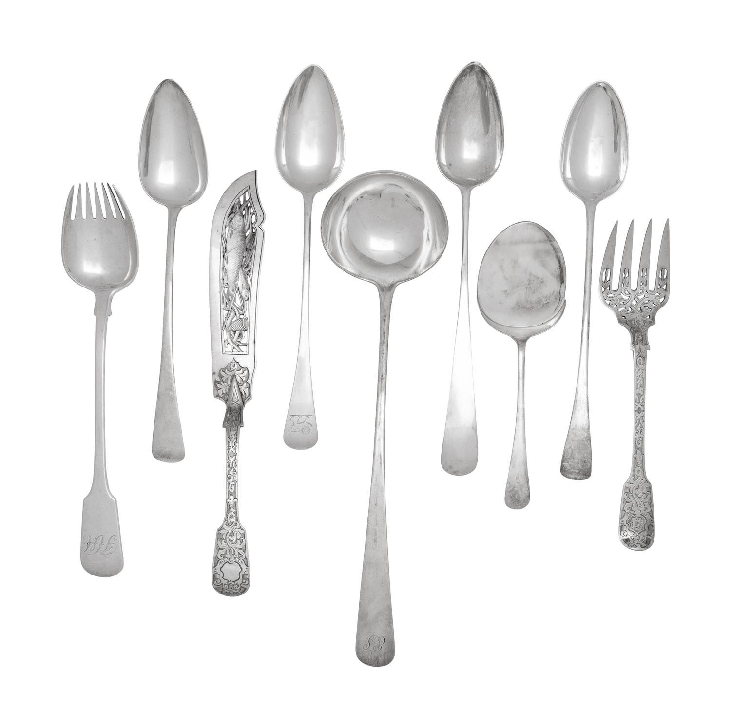 An Assembled Collection of Ten English and Scottish Silver Serving Articles