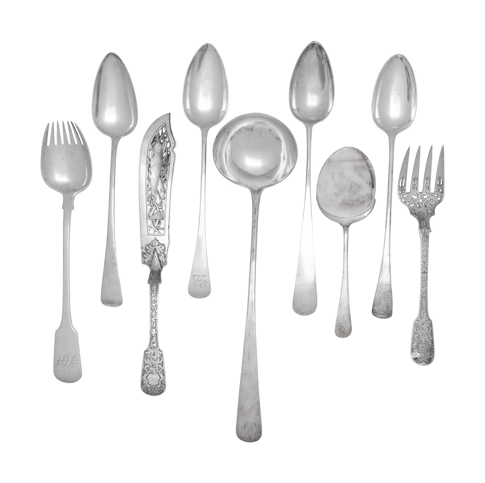 An Assembled Collection of Ten English and Scottish Silver Serving Articles