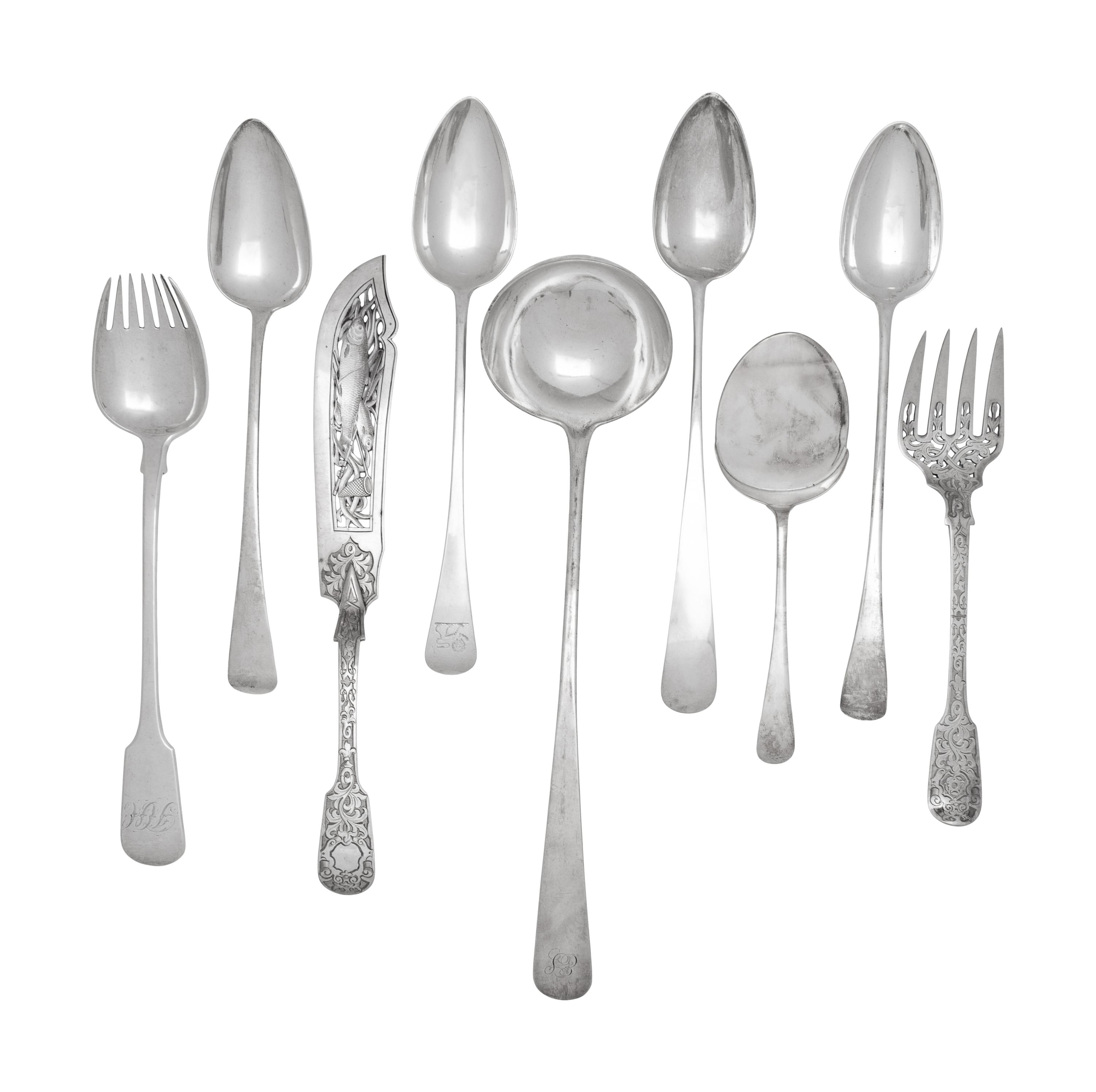 An Assembled Collection of Ten English and Scottish Silver Serving Articles