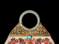 A Chinese Jade and Hardstone Mounted Embroidered Purse