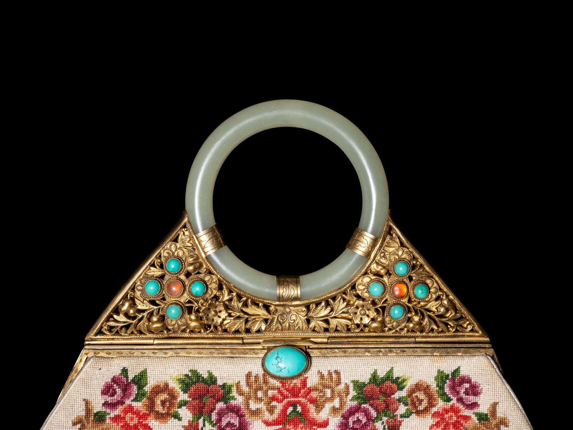 A Chinese Jade and Hardstone Mounted Embroidered Purse