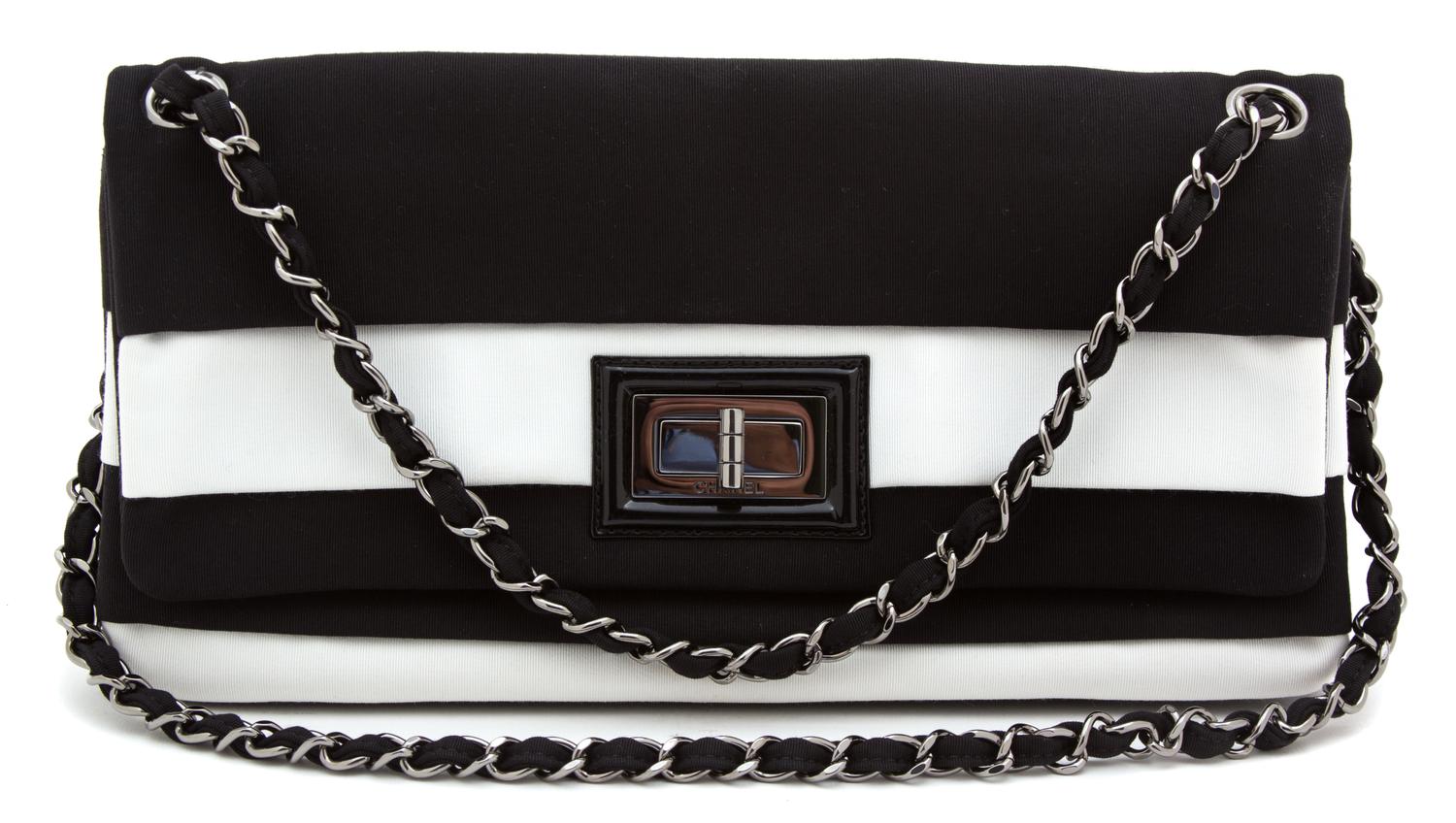 A Chanel Black and White Striped Grosgrain Classic Flap Bag, 11.5" x 6" x 1".