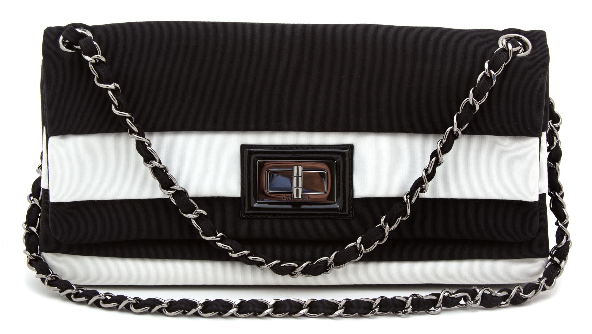 A Chanel Black and White Striped Grosgrain Classic Flap Bag, 11.5" x 6" x 1".