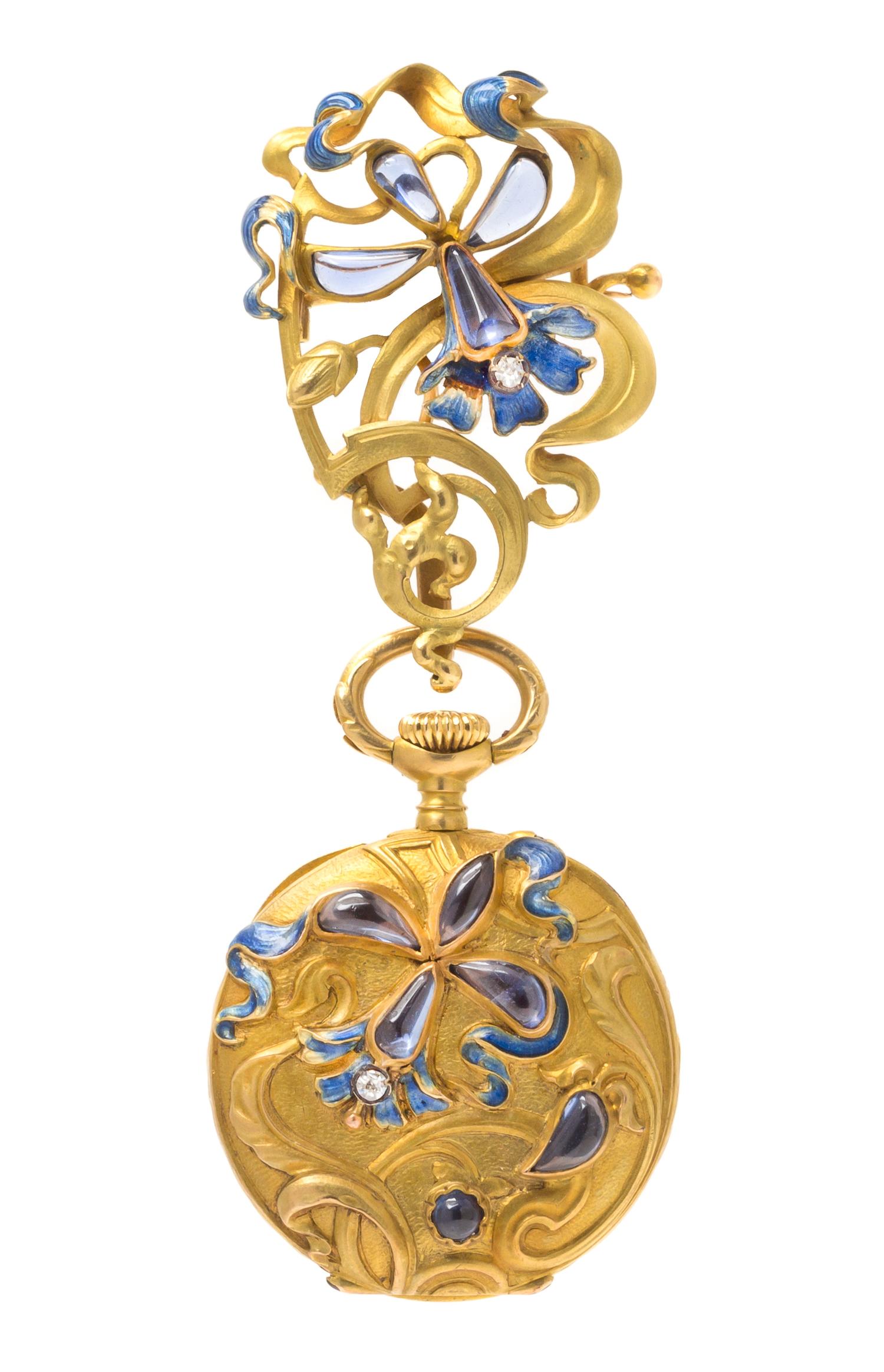 An Art Nouveau Gold, Iolite, Diamond and Polychrome Enamel Lapel Watch, Patek Philippe, 17.70 dwts.