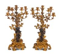 A Pair of French Gilt and Patinated Bronze Eight-Light Figural Candelabra