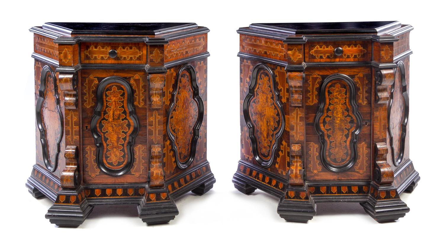A Pair of Italian Parcel Ebonized Marquetry Cabinets Height 32 3/4 x width 33 1/4 x depth 15 inches. — 19TH CENTURY