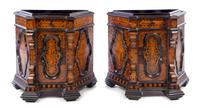 A Pair of Italian Parcel Ebonized Marquetry Cabinets Height 32 3/4 x width 33 1/4 x depth 15 inches. — 19TH CENTURY
