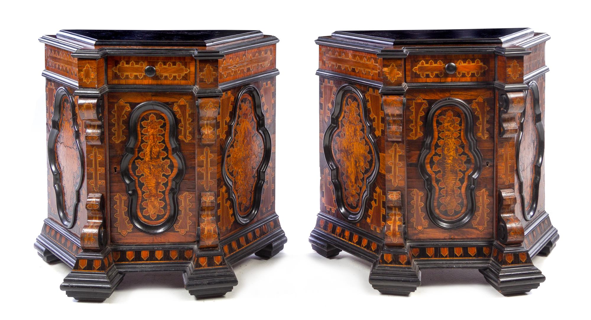 A Pair of Italian Parcel Ebonized Marquetry Cabinets Height 32 3/4 x width 33 1/4 x depth 15 inches. — 19TH CENTURY