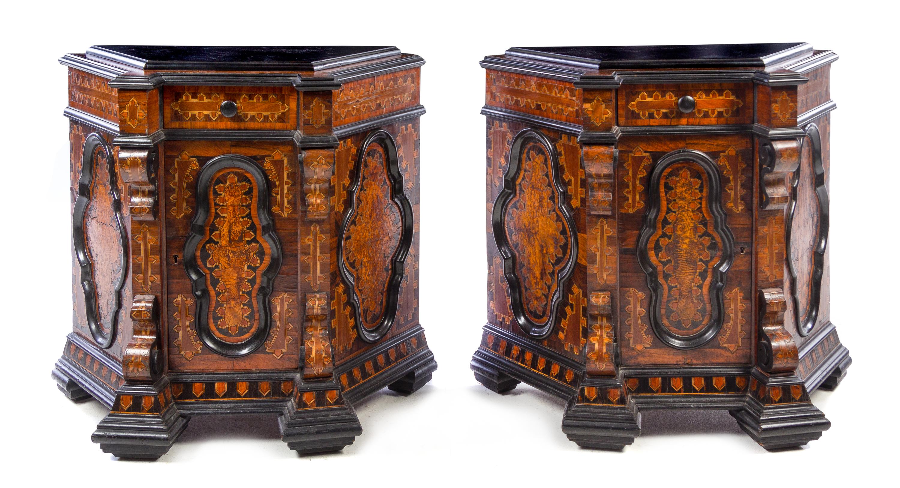A Pair of Italian Parcel Ebonized Marquetry Cabinets Height 32 3/4 x width 33 1/4 x depth 15 inches. — 19TH CENTURY