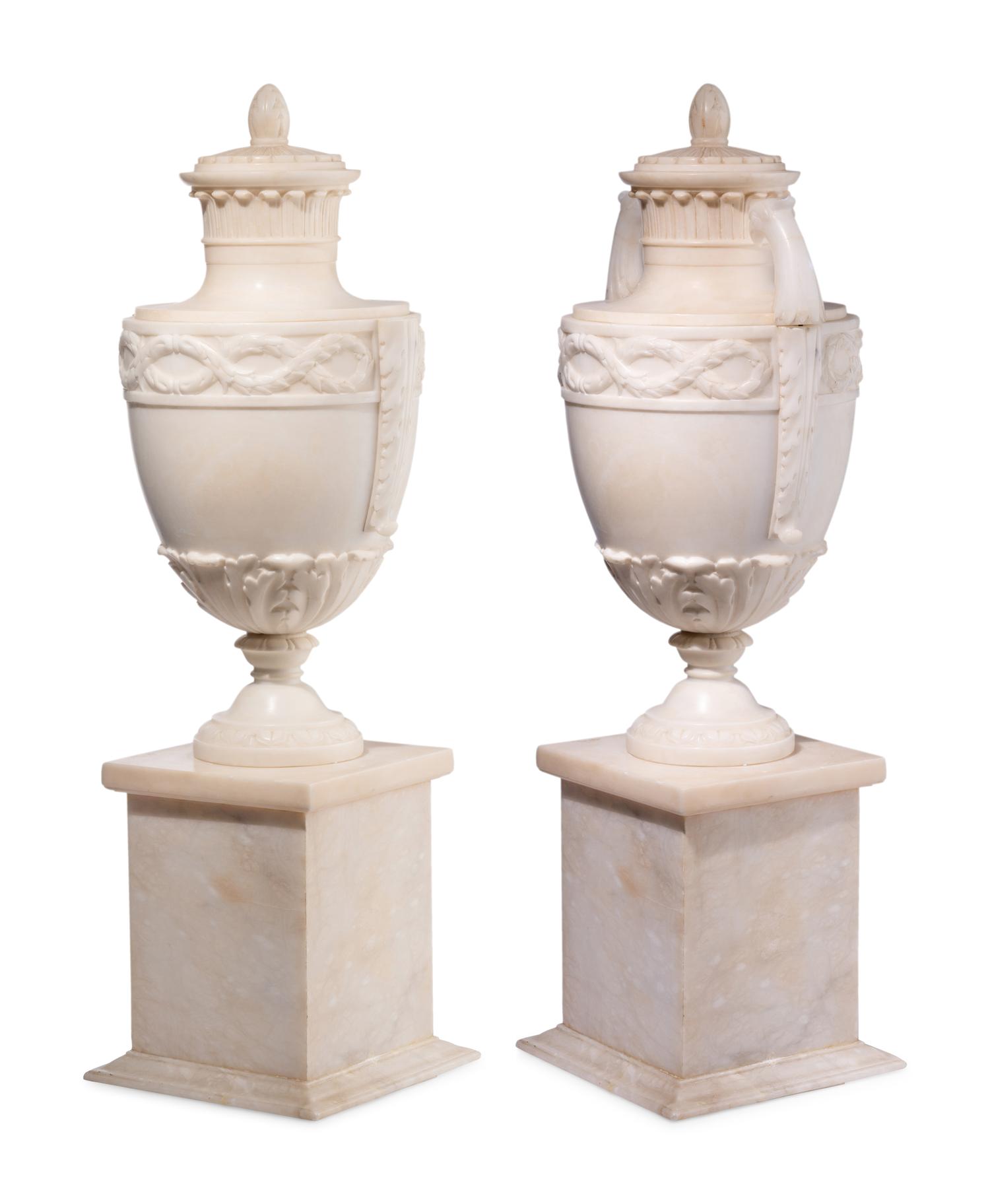 A Pair of Italian Alabaster Urns and Covers