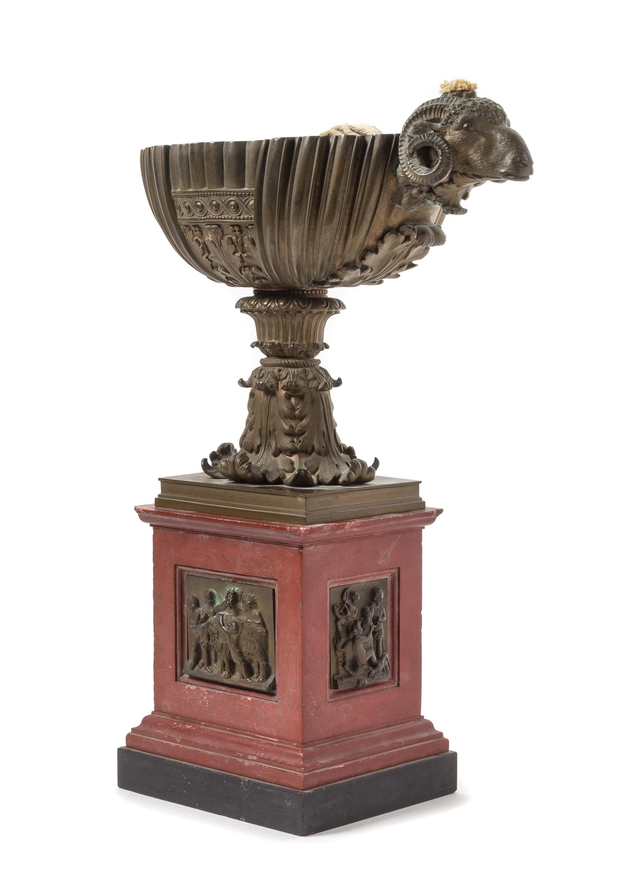 A Continental Bronze and Marble Oil Lamp on Stand Height 17 1/2 inches. — 19TH CENTURY