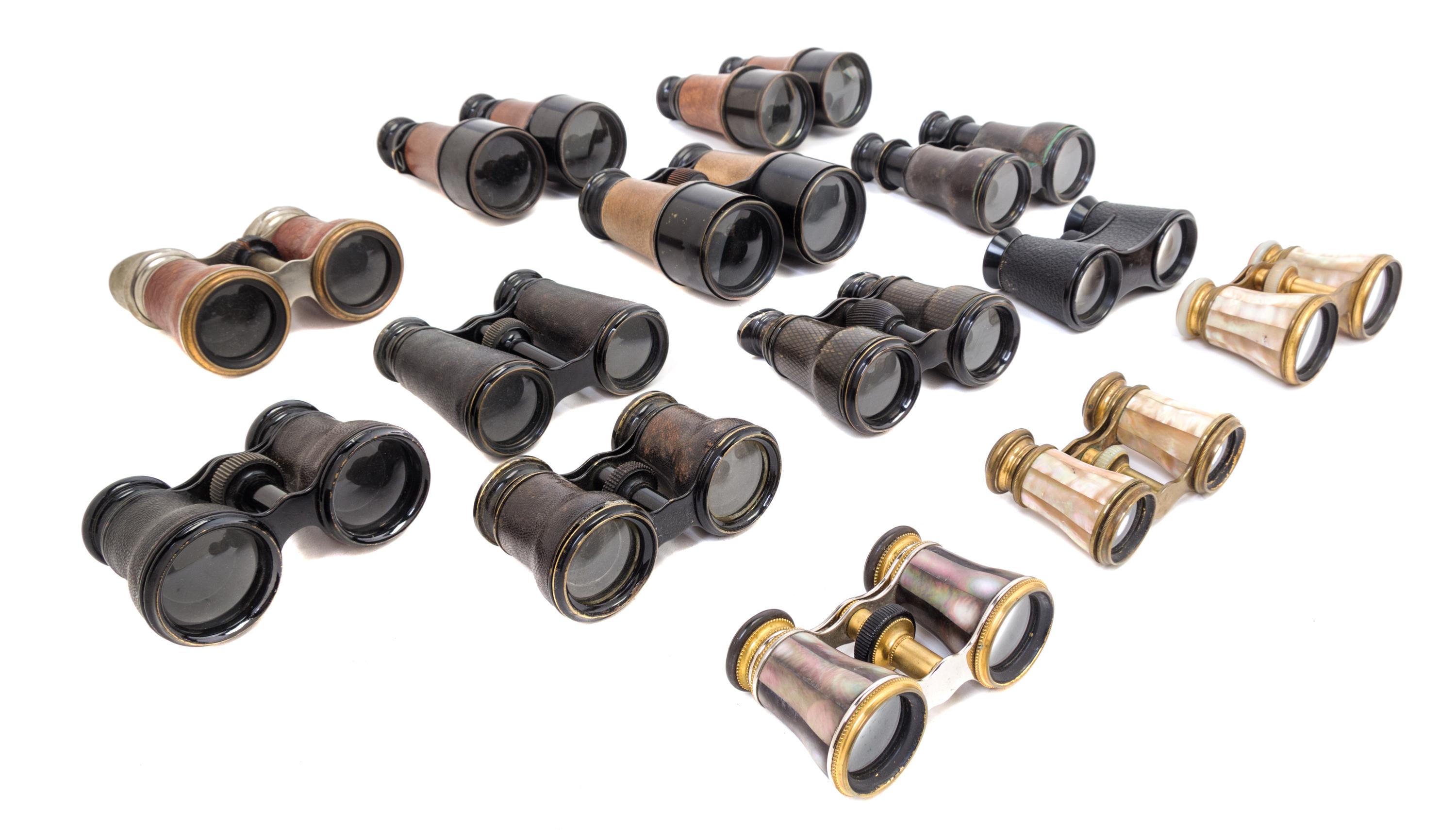 A Collection of Binoculars and Opera Glasses Width of widest 5 inches.