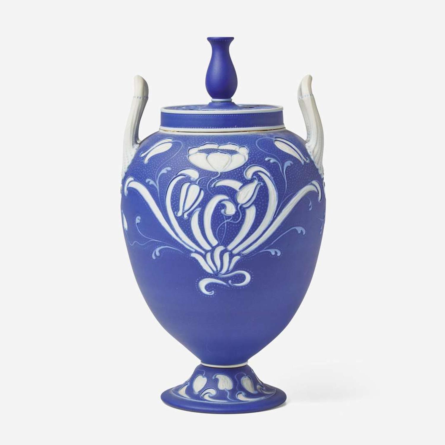A Wedgwood Harry Barnard (1862-1933) Tricolor Jasperware Vase and Cover UK, early 20th century