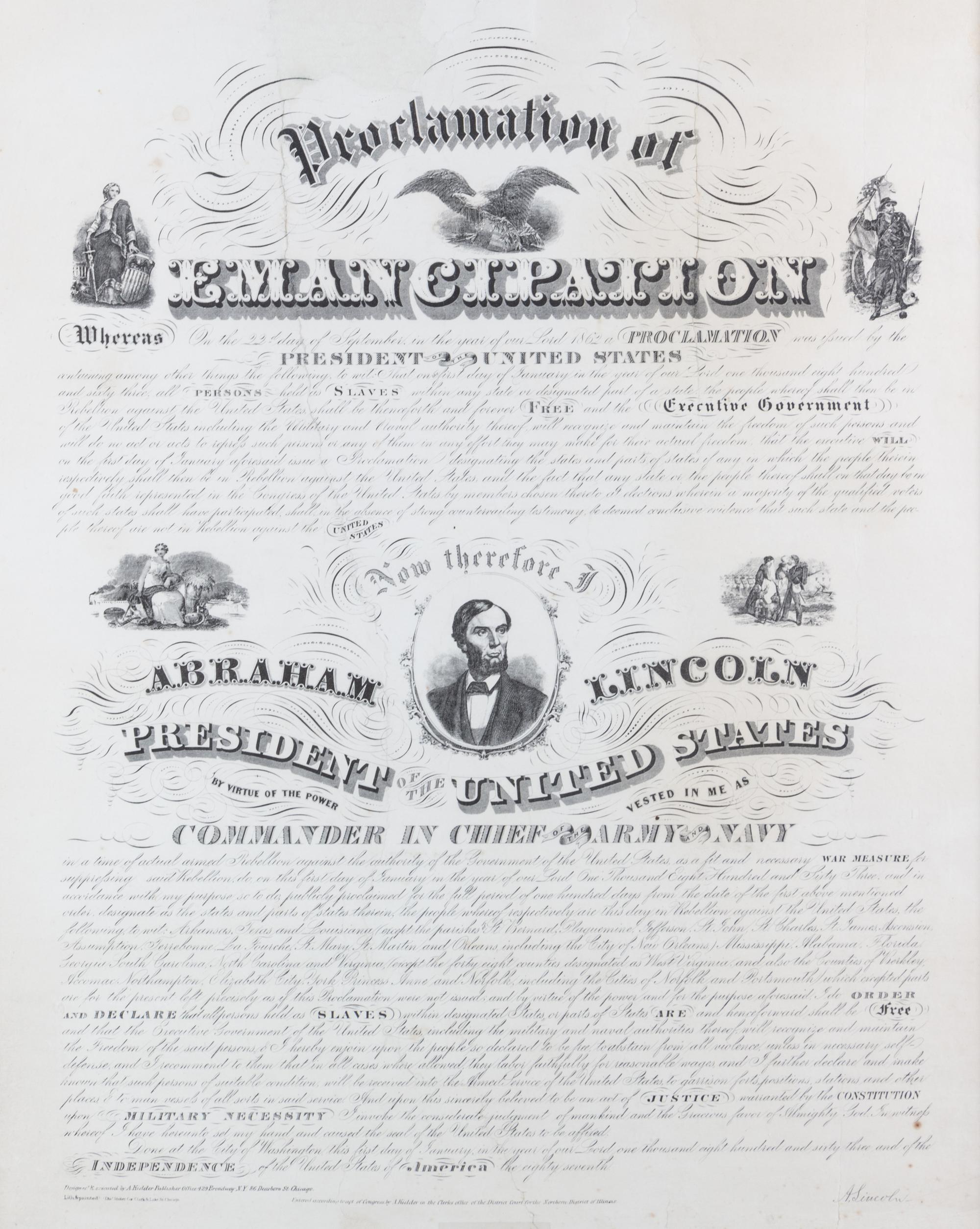 (LINCOLN, ABRAHAM) A. KIDDER. Proclamation of Emancipation by the President of the United States. Engraved broadside. Chicago, [1864].