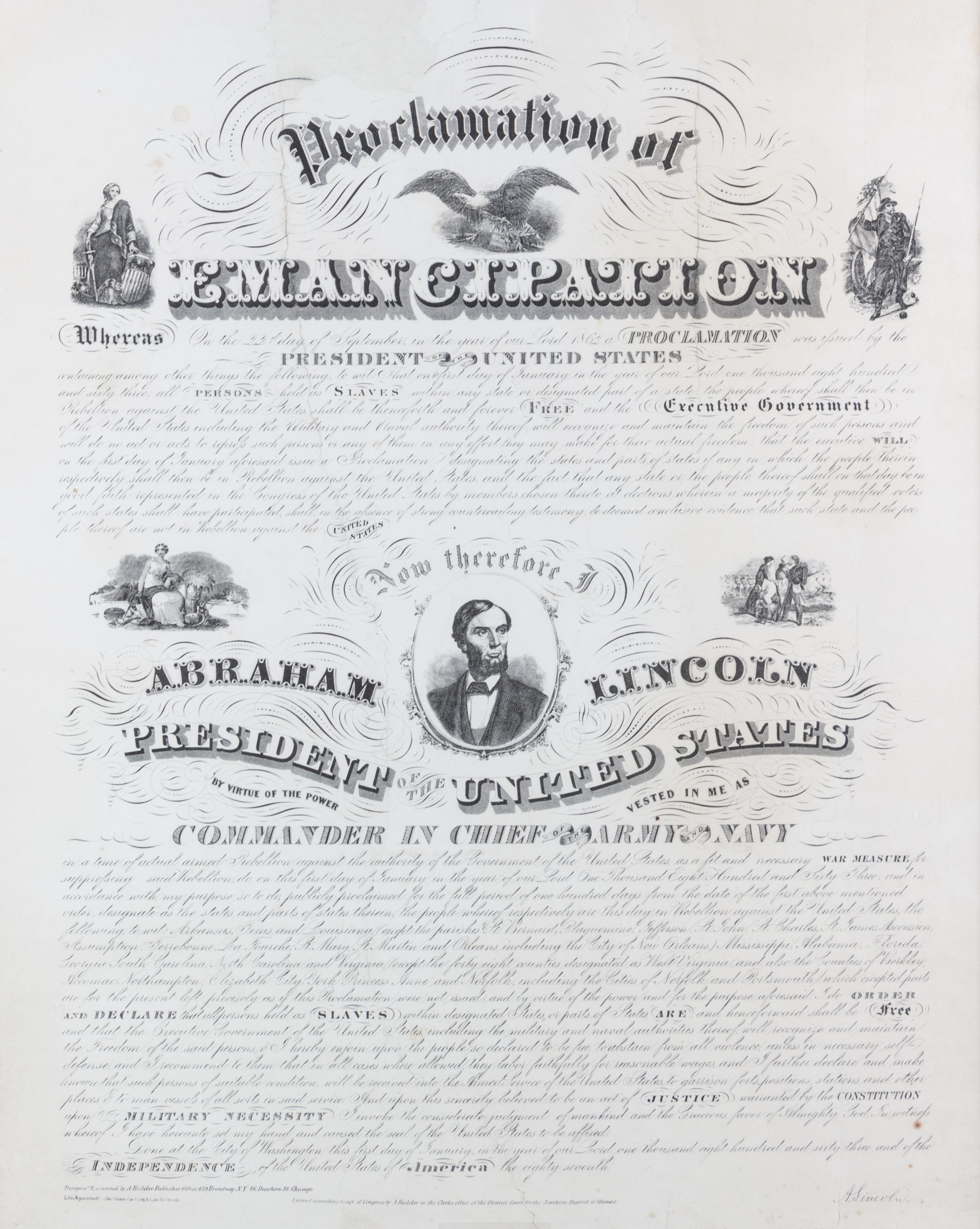 (LINCOLN, ABRAHAM) A. KIDDER. Proclamation of Emancipation by the President of the United States. Engraved broadside. Chicago, [1864].