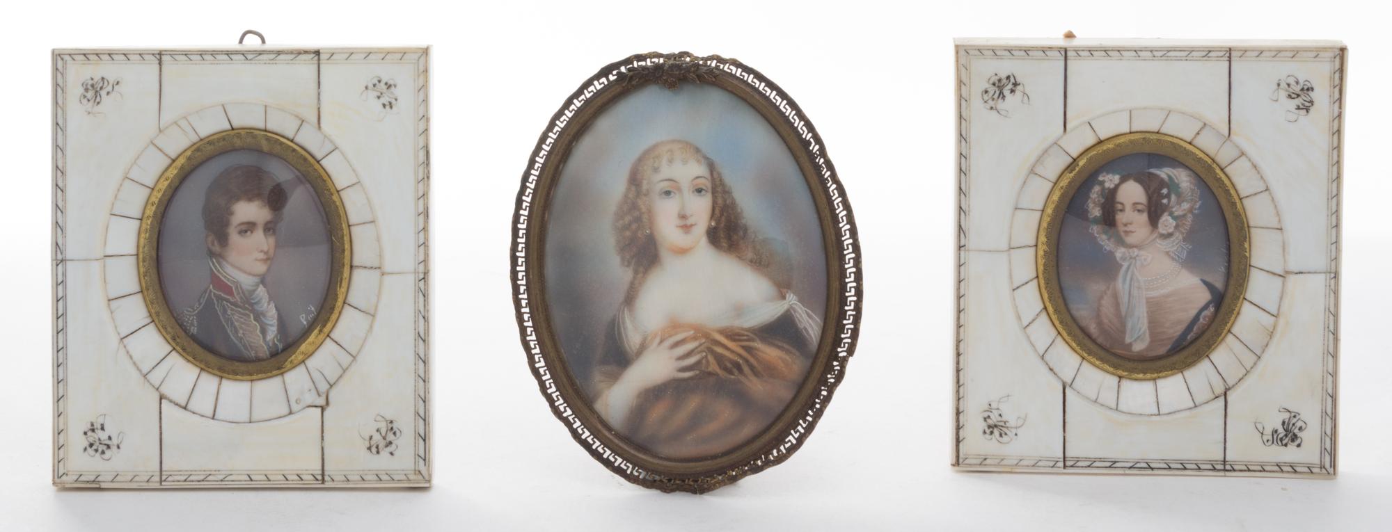 A Group of Three Portrait Miniatures Height of first overall 3 3/4 x width 3 1/4 inches.