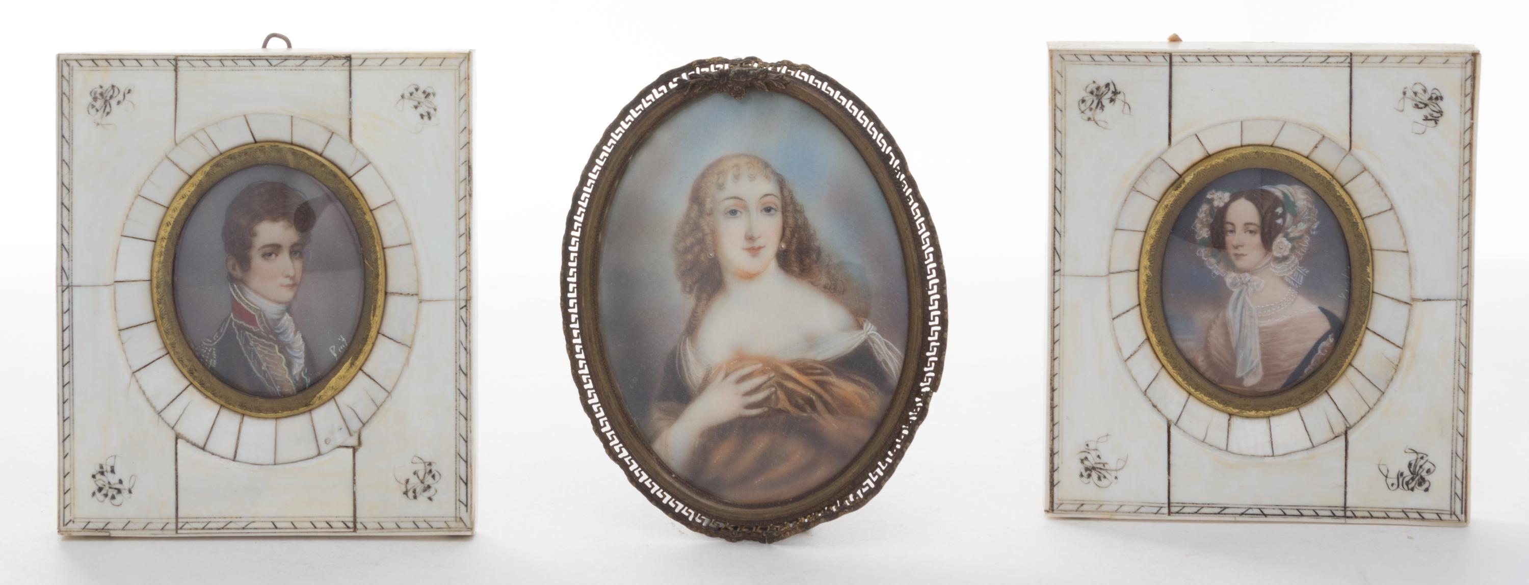 A Group of Three Portrait Miniatures Height of first overall 3 3/4 x width 3 1/4 inches.
