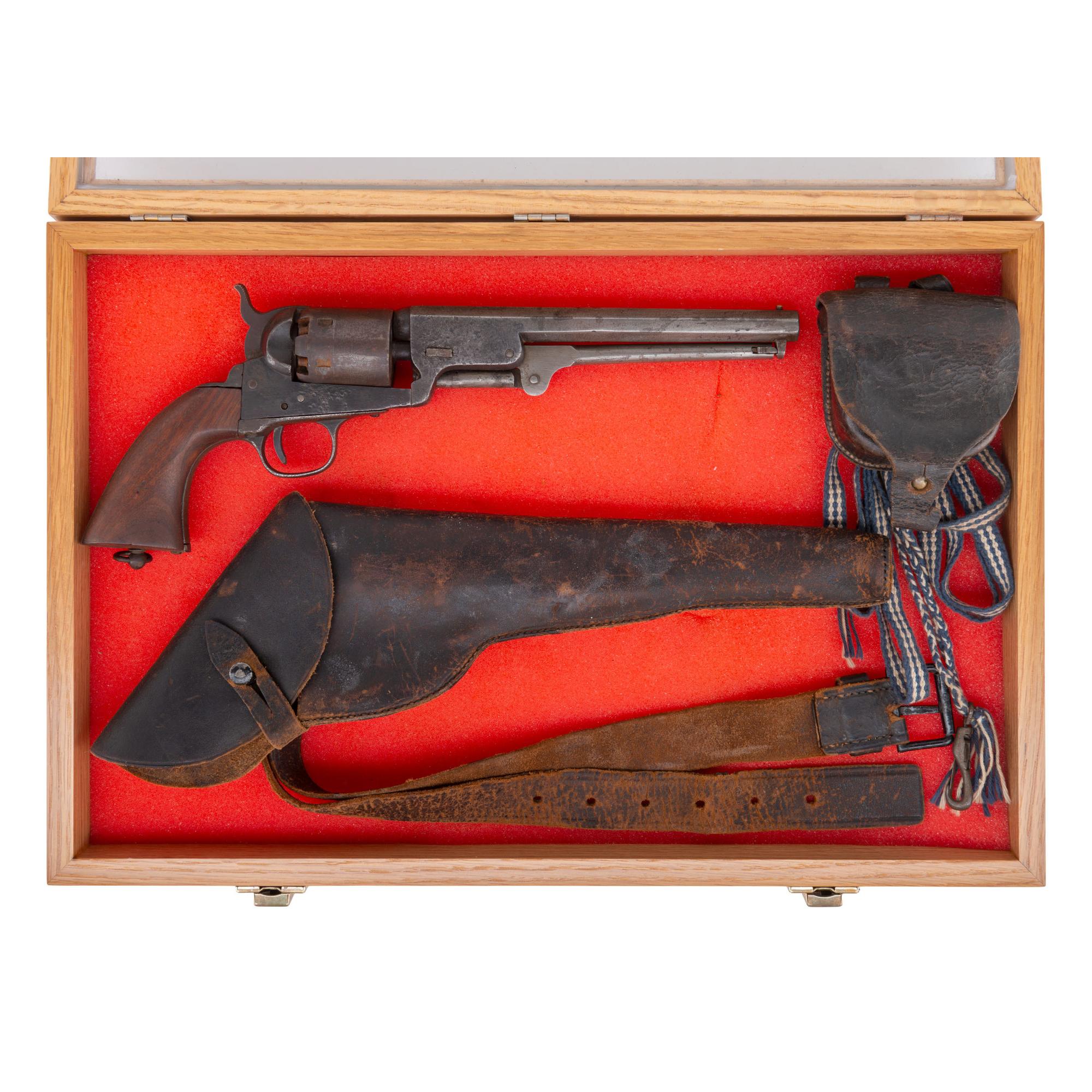 Belgian Brevet Colt Navy Revolver in Display Case with Period Holster, Belt & Cap Pouch