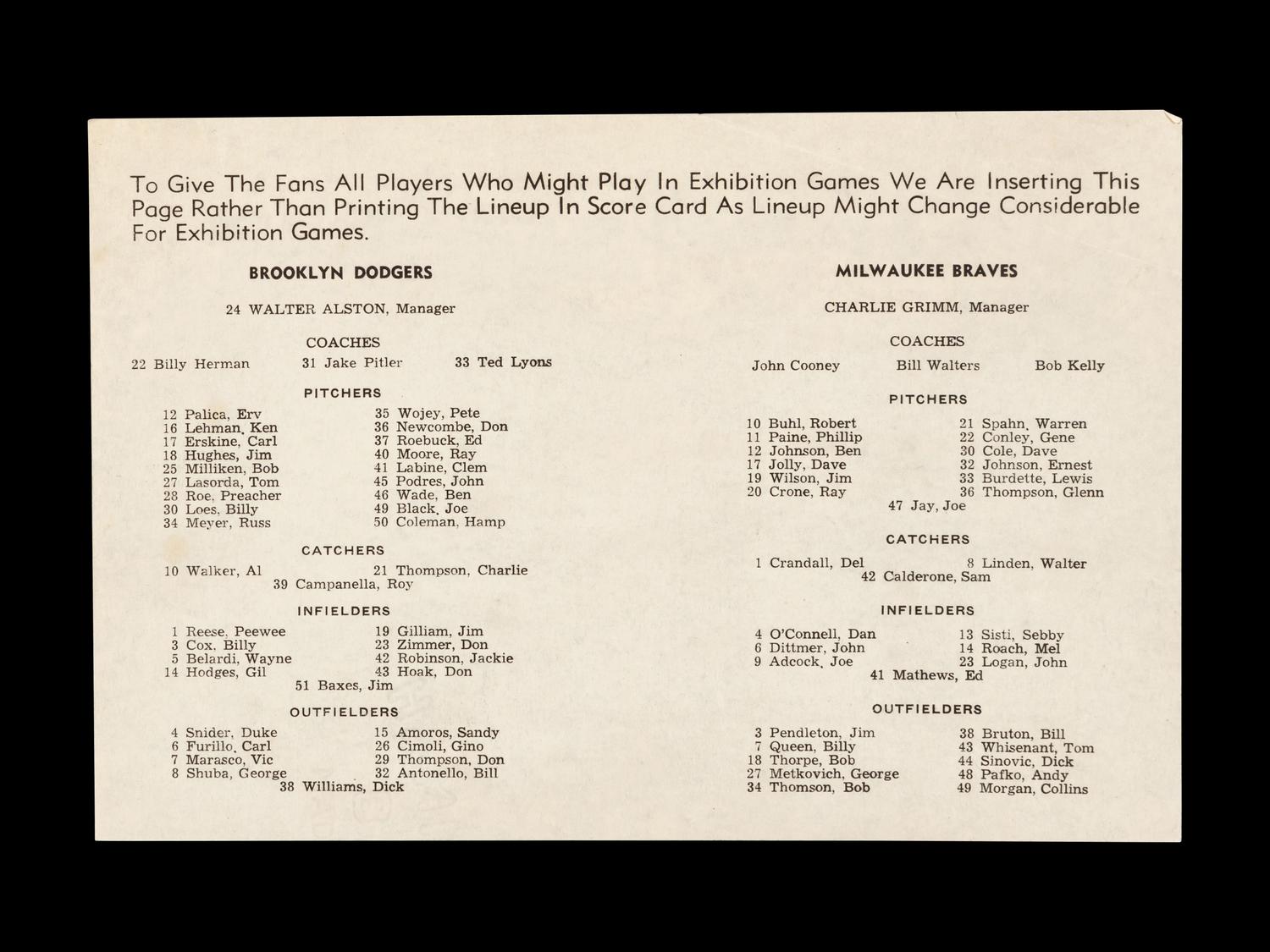 [ROBINSON, JACKIE]. Typed letter regarding "Air Lift Africa," [ With: ] Dodgers vs. Braves scorecard.