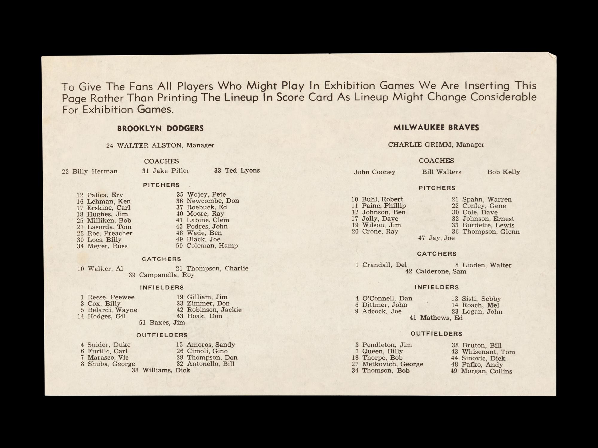 [ROBINSON, JACKIE]. Typed letter regarding "Air Lift Africa," [ With: ] Dodgers vs. Braves scorecard.