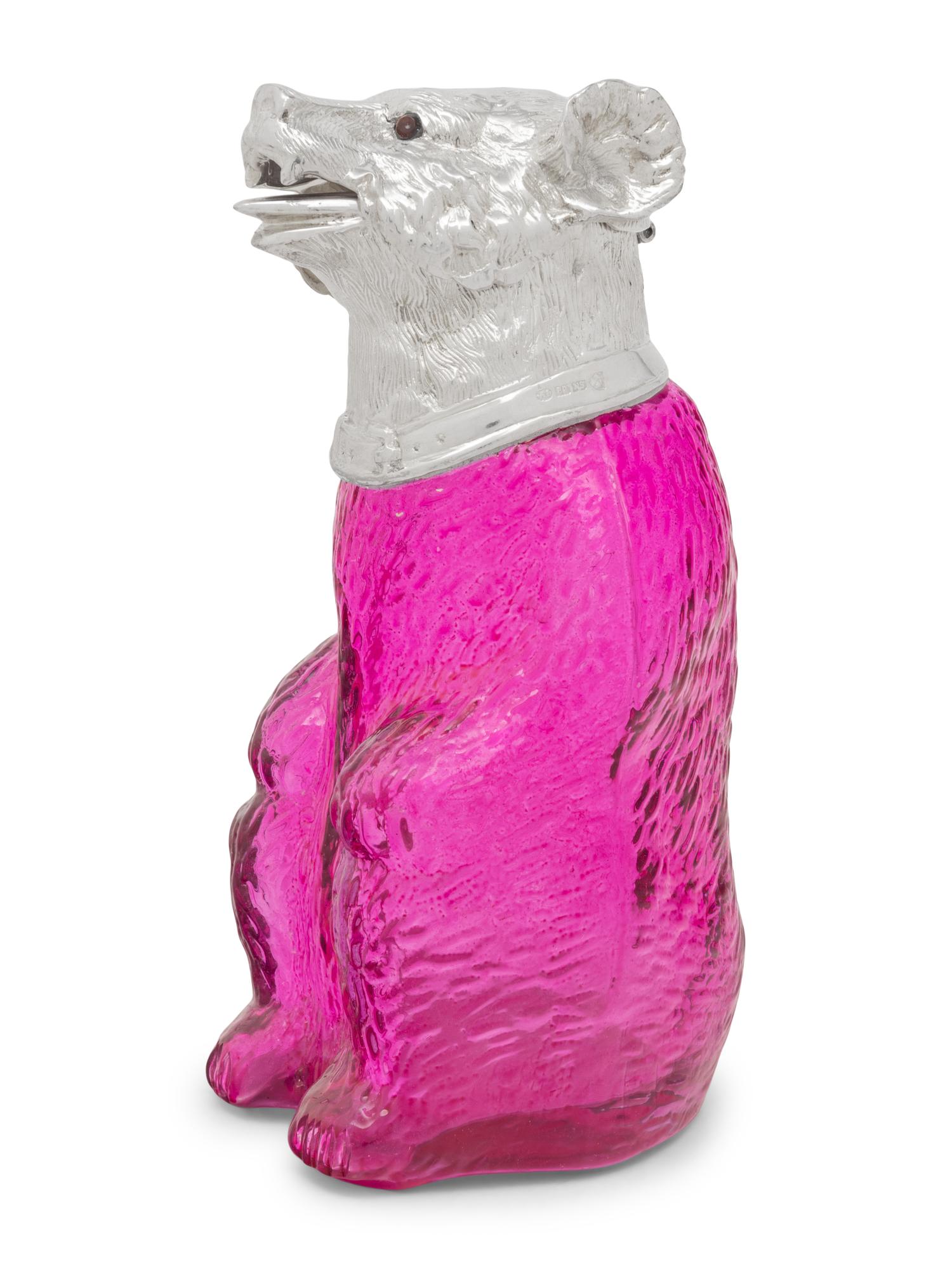 A Silver-Plate and Pink Glass Bear Decanter
