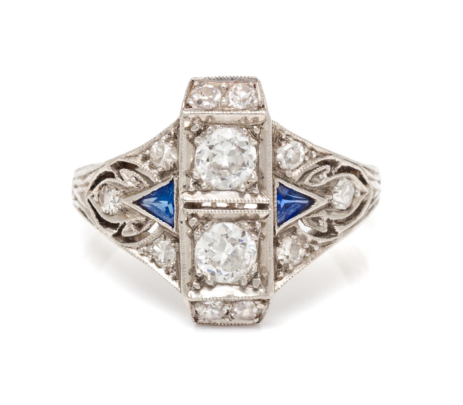 An Art Deco Platinum, Diamond and Sapphire Ring, 1.90 dwts.