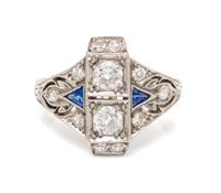 An Art Deco Platinum, Diamond and Sapphire Ring, 1.90 dwts.